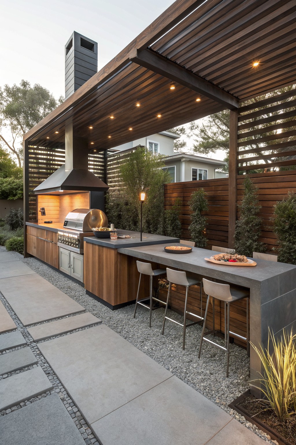 An outdoor kitchen with a concrete bar, bar stools, built-in grill, dark wood pergola overhead, and horizontal wooden slat fencing along the sides and back.