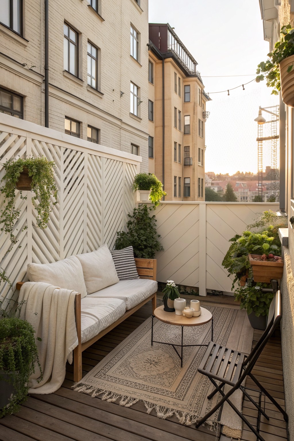 A wooden balcony with a white lattice privacy fence, bench seating with cushions, a patterned rug, potted plants, and a small round table.