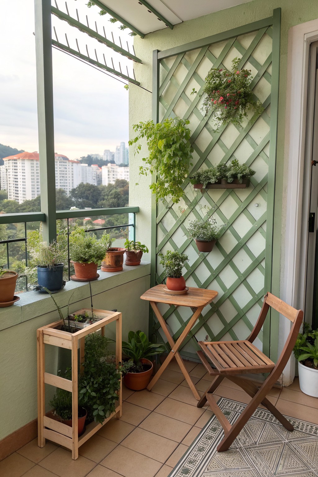 Balcony with wooden chair, table, many potted plants, and green trellis wall.