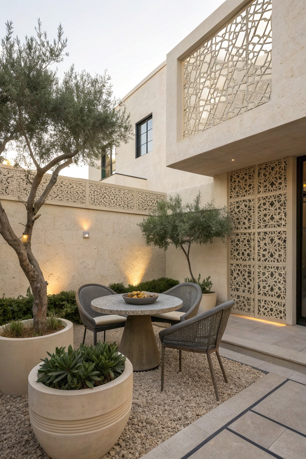 An outdoor courtyard patio with a round concrete table, woven chairs, potted olive trees, and decorative lattice screens mounted on the building walls.