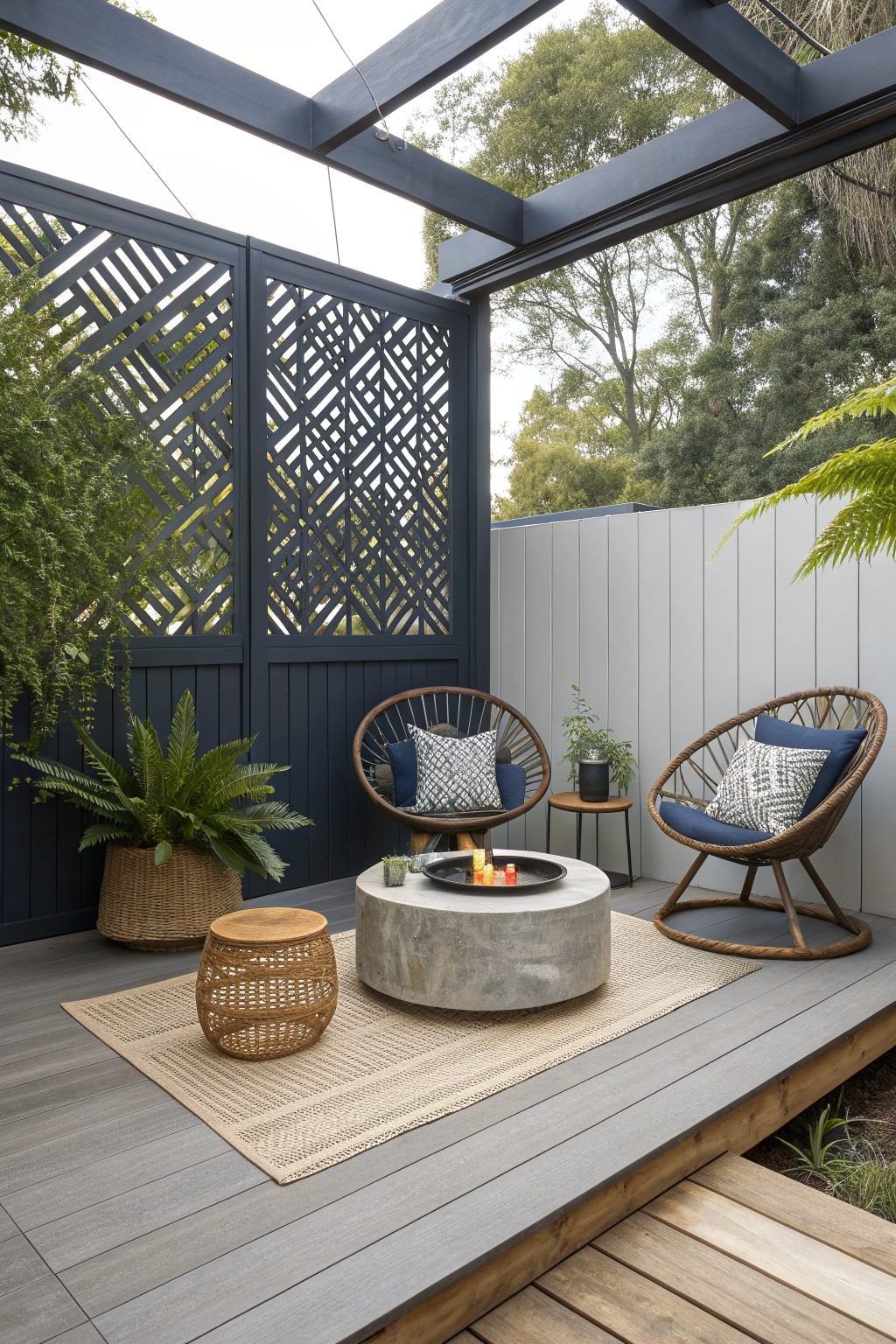 Modern patio with woven chairs, concrete fire pit, and rug under dark pergola