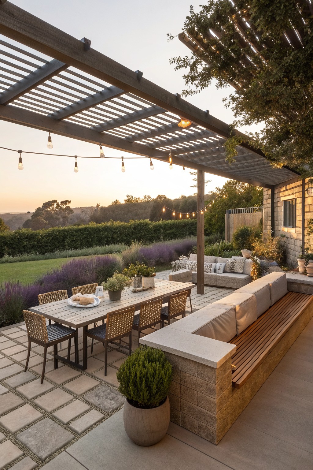 Outdoor patio under a wooden lattice pergola with dining table, woven chairs, built-in stone bench seating, potted plants, and string lights at sunset.