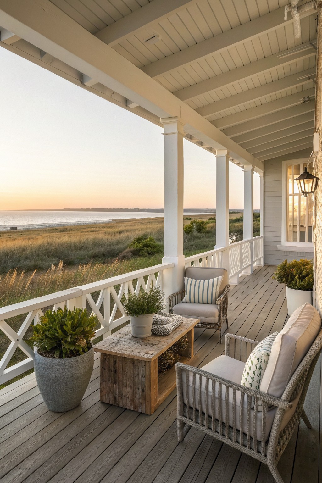 A white wooden porch with lattice railings, wicker seating, and potted plants overlooking a grassy landscape and body of water at sunset.