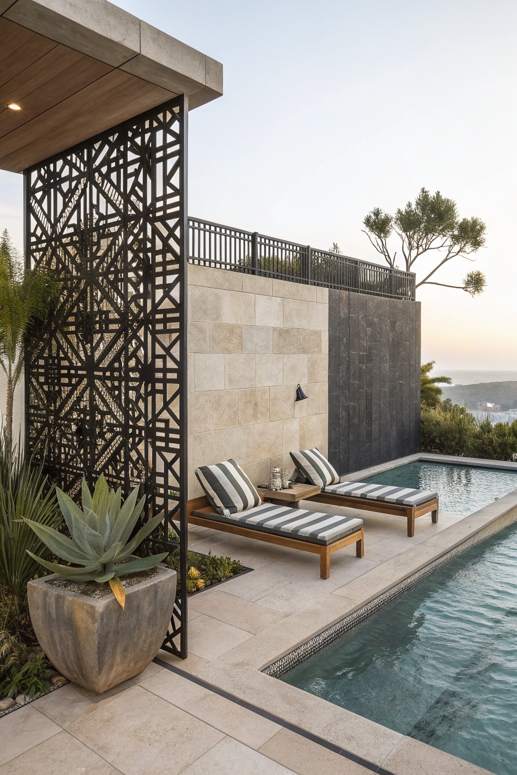 Modern patio with striped lounge chairs, infinity pool, and ocean view at dusk.