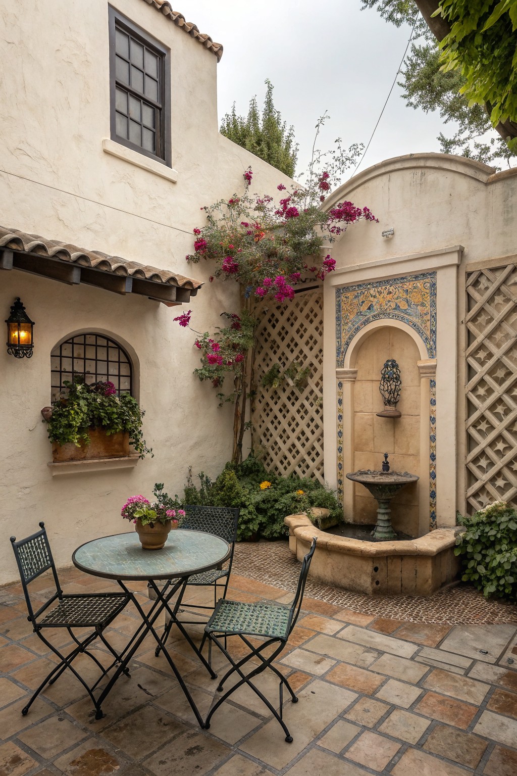 An outdoor patio with a tiled fountain wall, lattice panels covered in pink flowering vines, and a round table with metal chairs on brick paving.