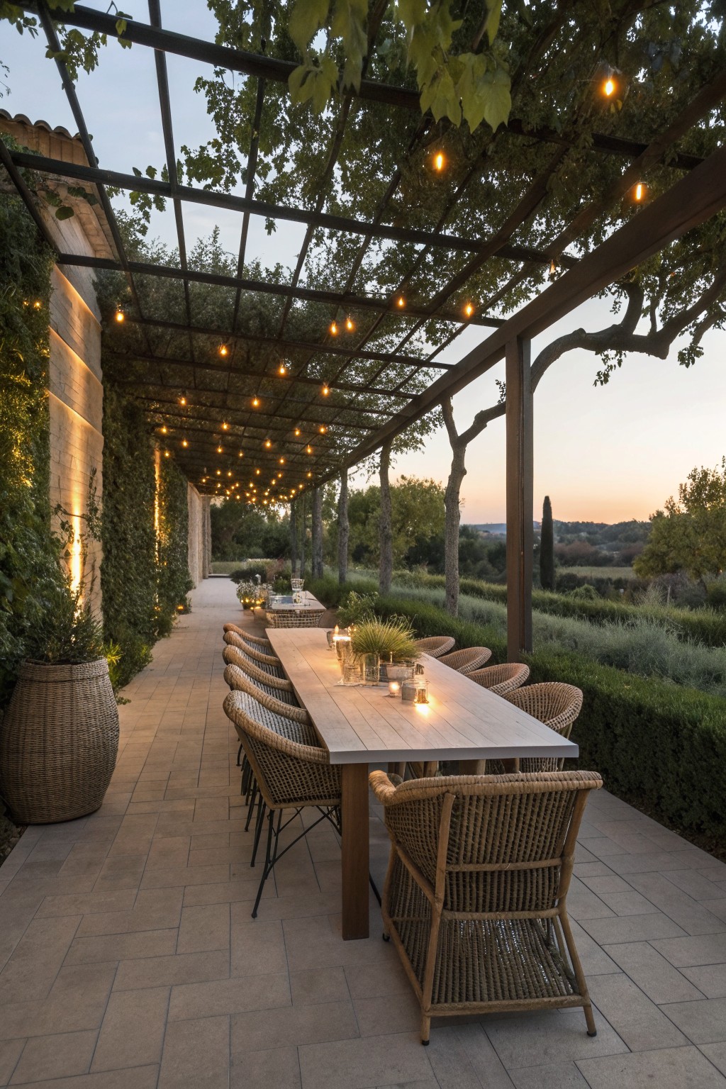 A long wooden dining table with woven chairs under a dark wooden pergola topped with a grid structure covered in green vines and string lights.