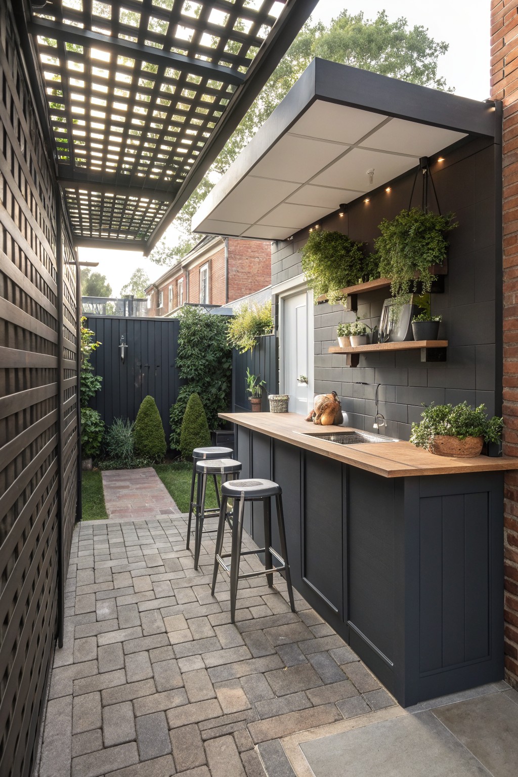 Modern outdoor kitchen with dark cabinets, wood counter, stools, and hanging plants on patio