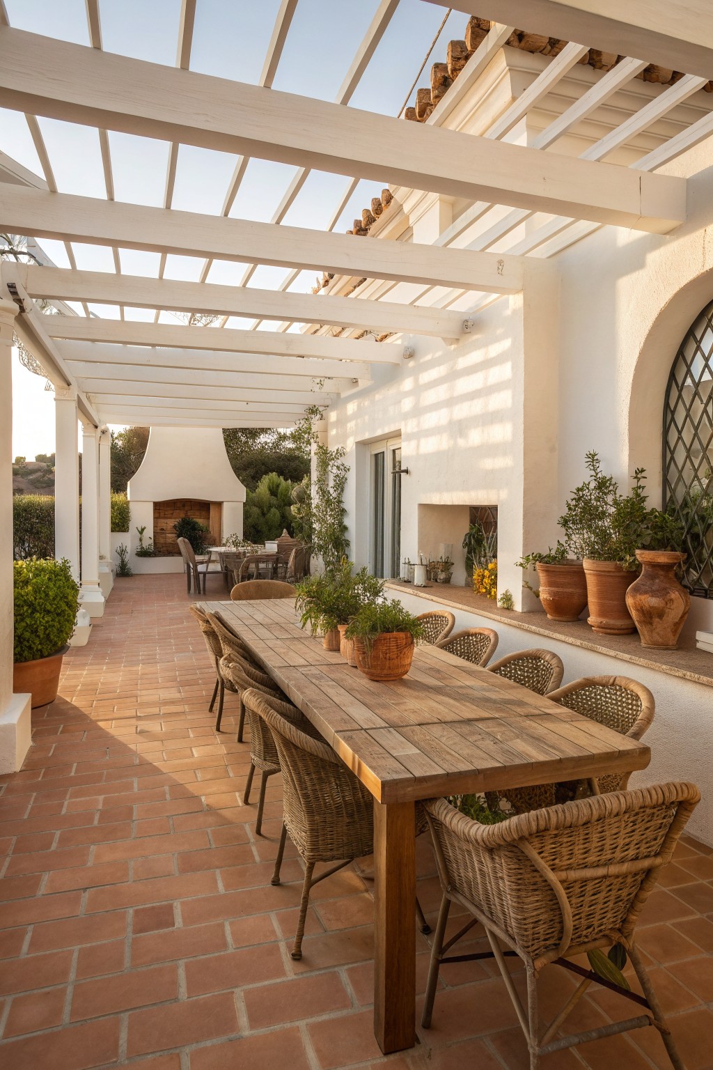 Long wooden table with wicker chairs on terracotta patio under white pergola