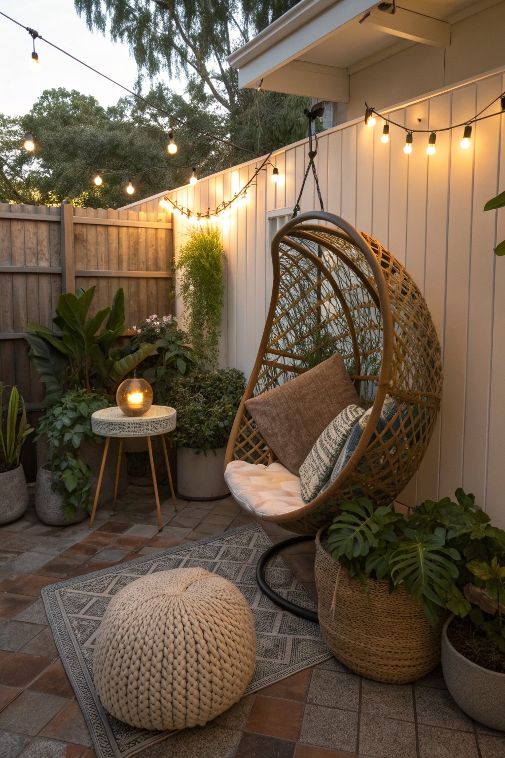 An outdoor patio shows a hanging wicker chair with cushions beside potted plants, string lights on a wall, a wooden fence, and a woven pouf on a rug.