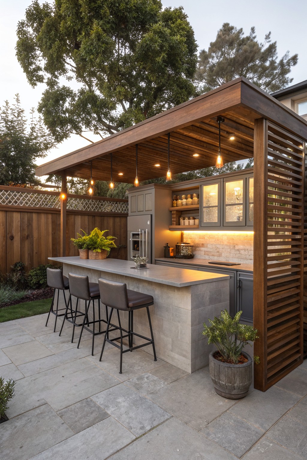 Outdoor kitchen with concrete bar, three bar stools, and tall wooden slatted screen on the right side.