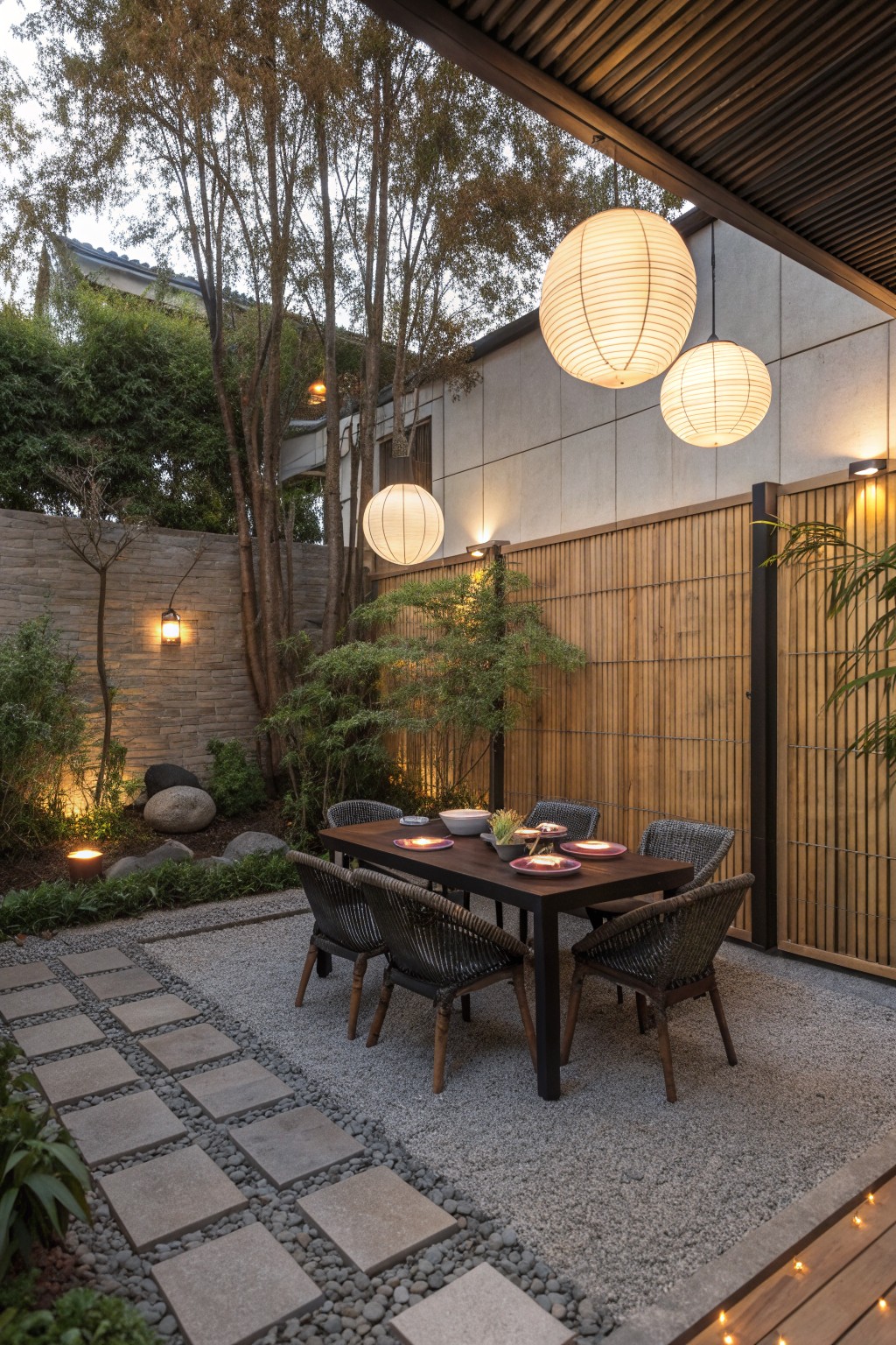 An outdoor dining table with woven chairs sits on gravel next to a tall vertical wood slat fence, with three hanging paper lanterns overhead and trees visible beyond the fence.