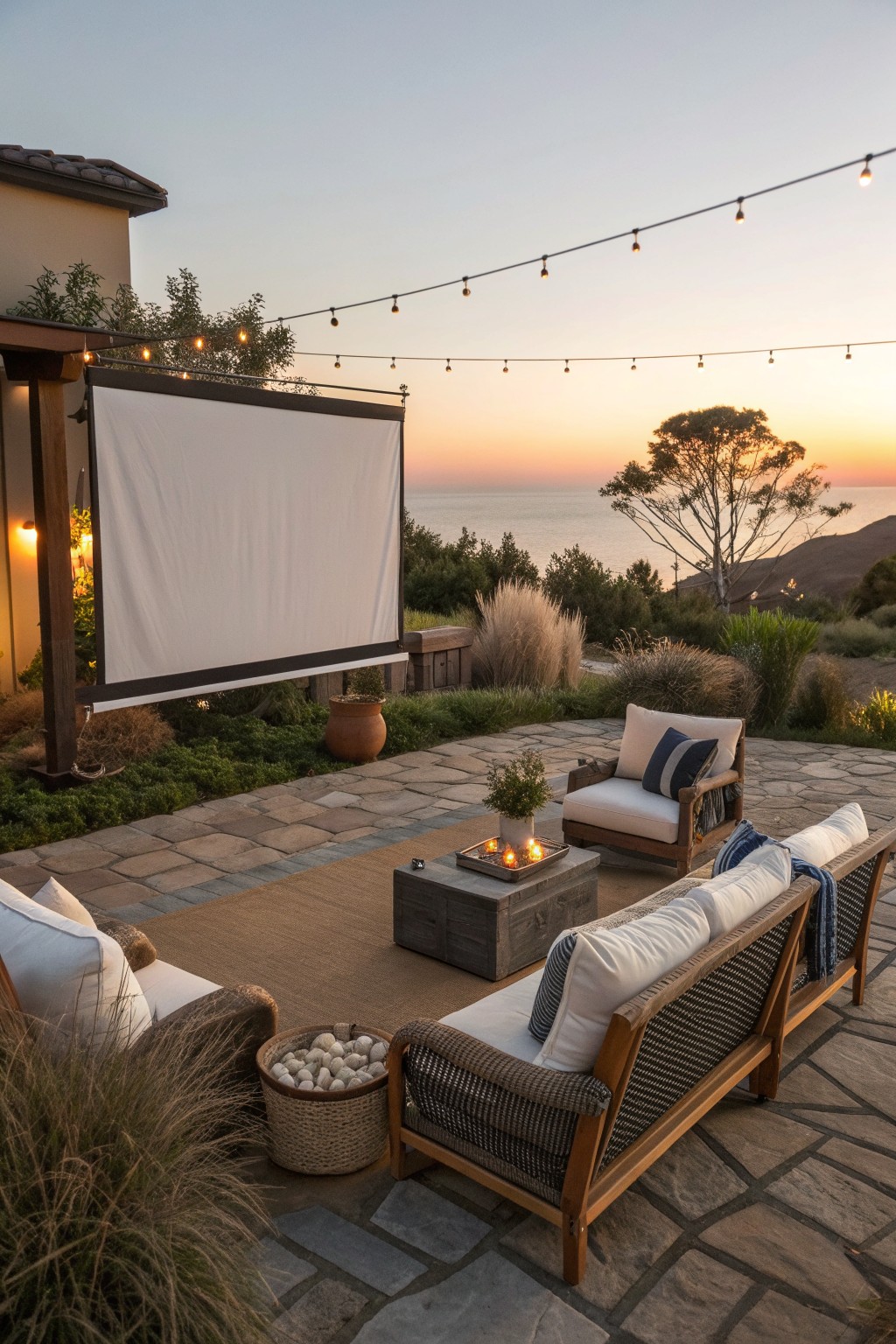An outdoor patio with wooden lounge chairs arranged around a wooden fire pit table, facing a large projector screen, with string lights overhead and a coastal view at dusk.