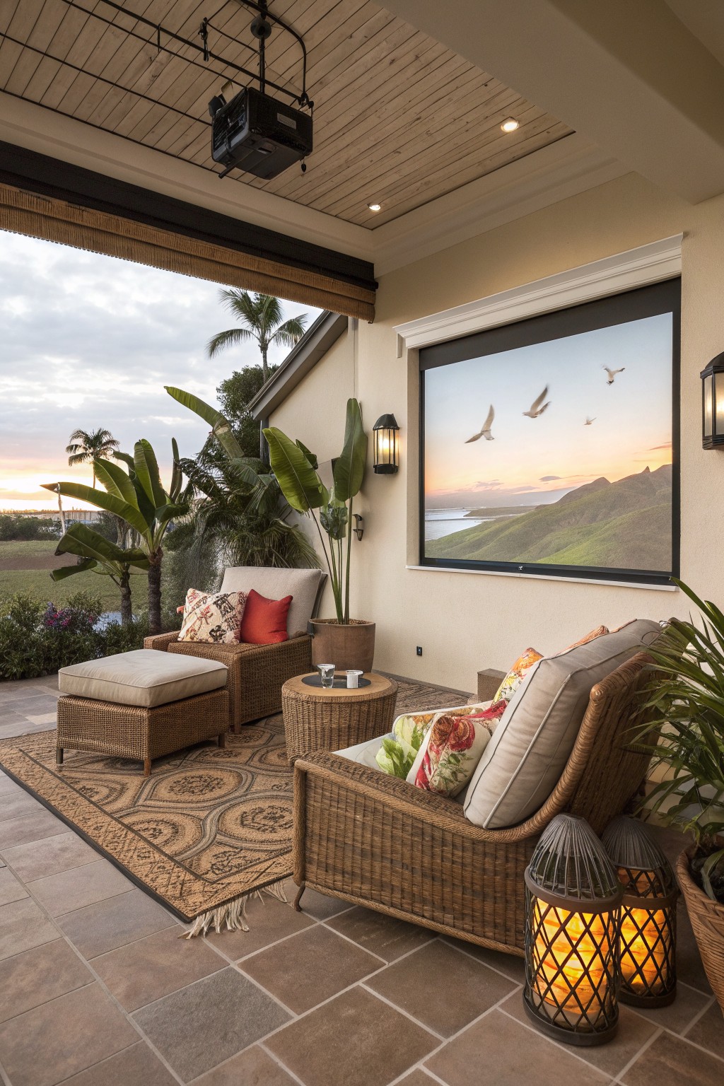 A covered patio with wicker lounge chairs on a patterned rug facing a large projection screen, with a ceiling-mounted projector and tropical plants in the background.