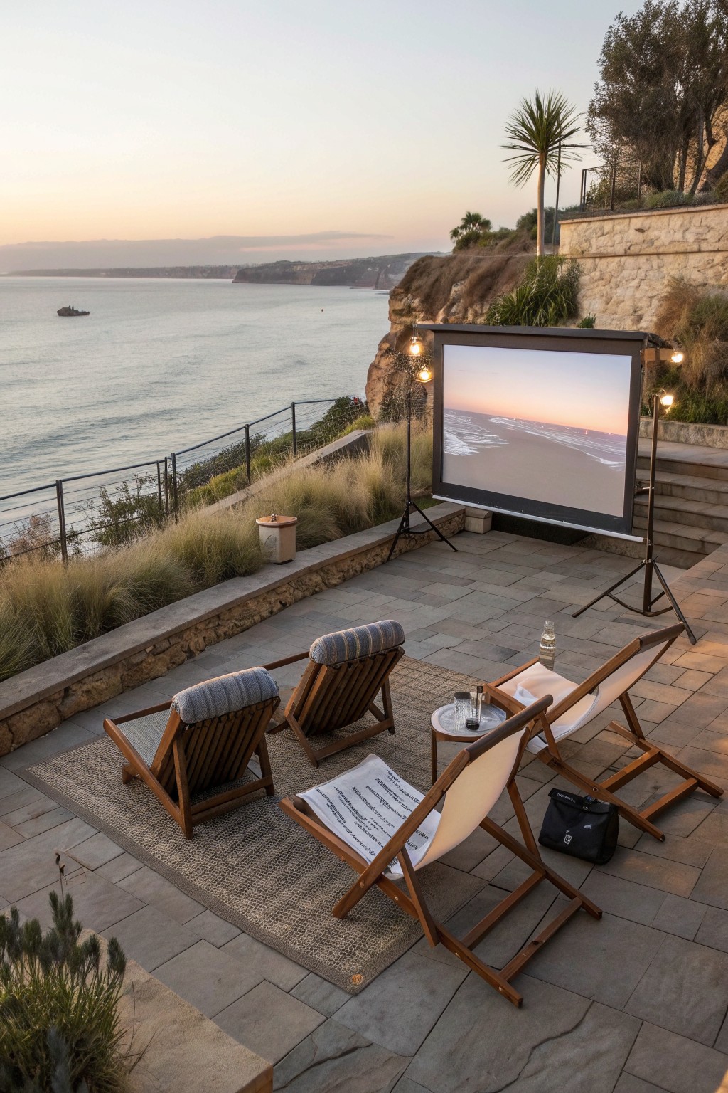Four wooden lounge chairs arranged on a woven rug in front of a projector screen on a stone patio overlooking the ocean.