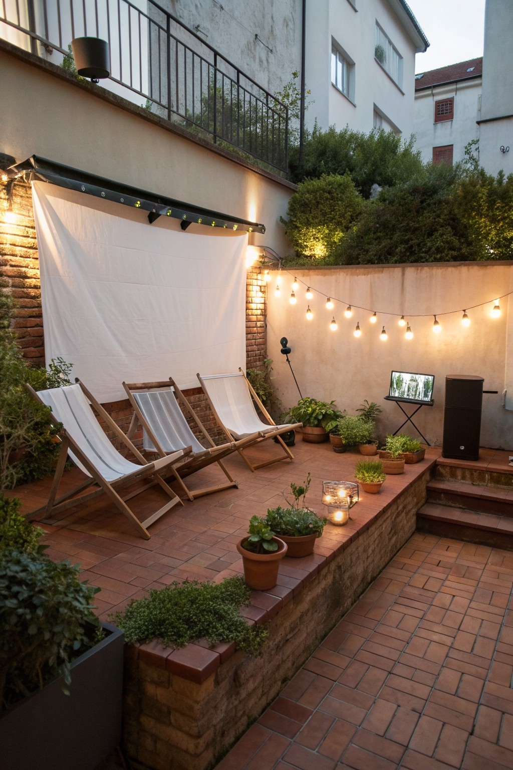 Three wooden lounge chairs on a brick patio face a large white sheet hung on a wall with string lights above and potted plants nearby.