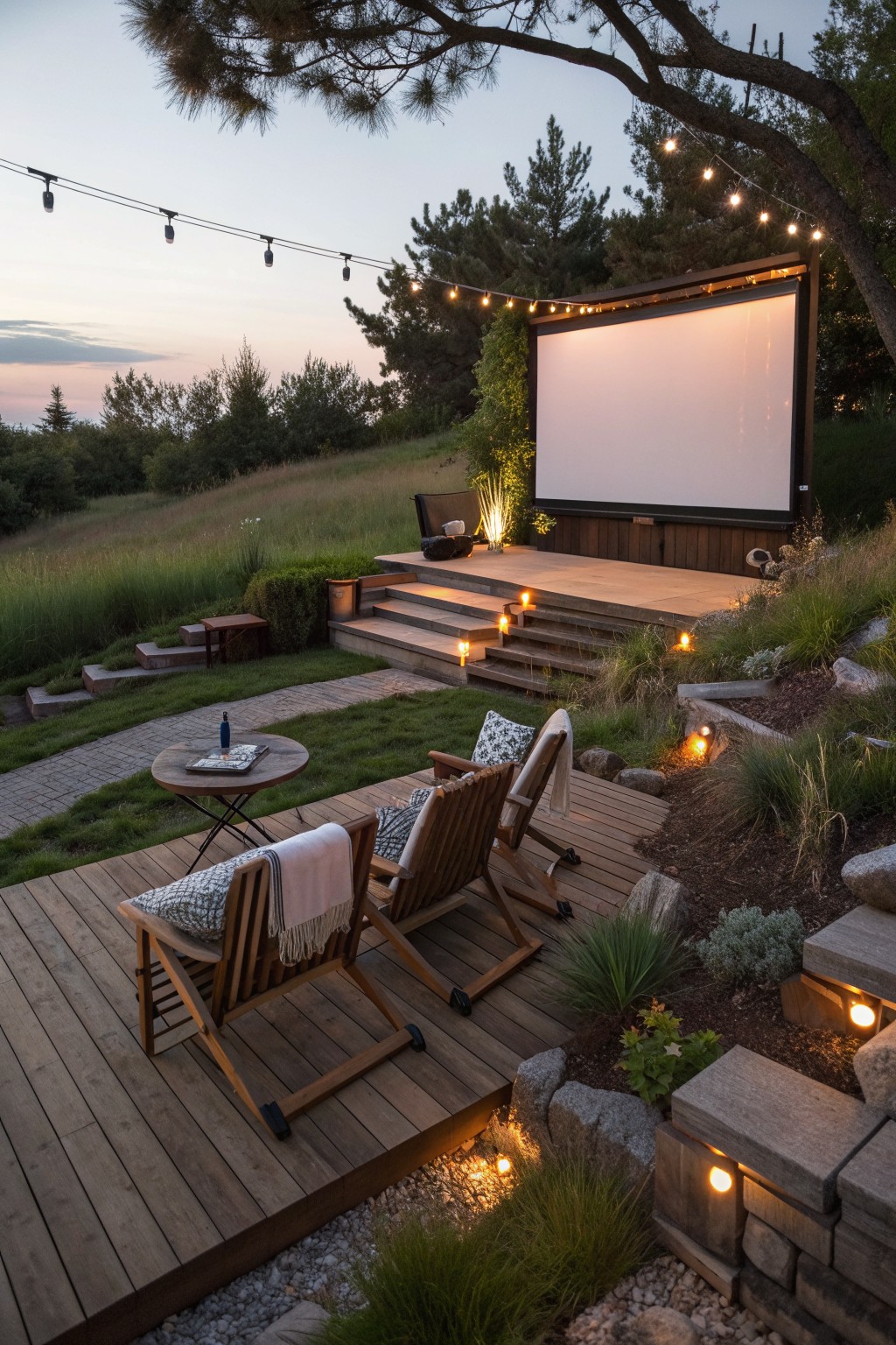 Two wooden lounge chairs with patterned cushions sit on a wooden deck facing a large outdoor movie screen, with string lights and low landscape lighting around the seating area.