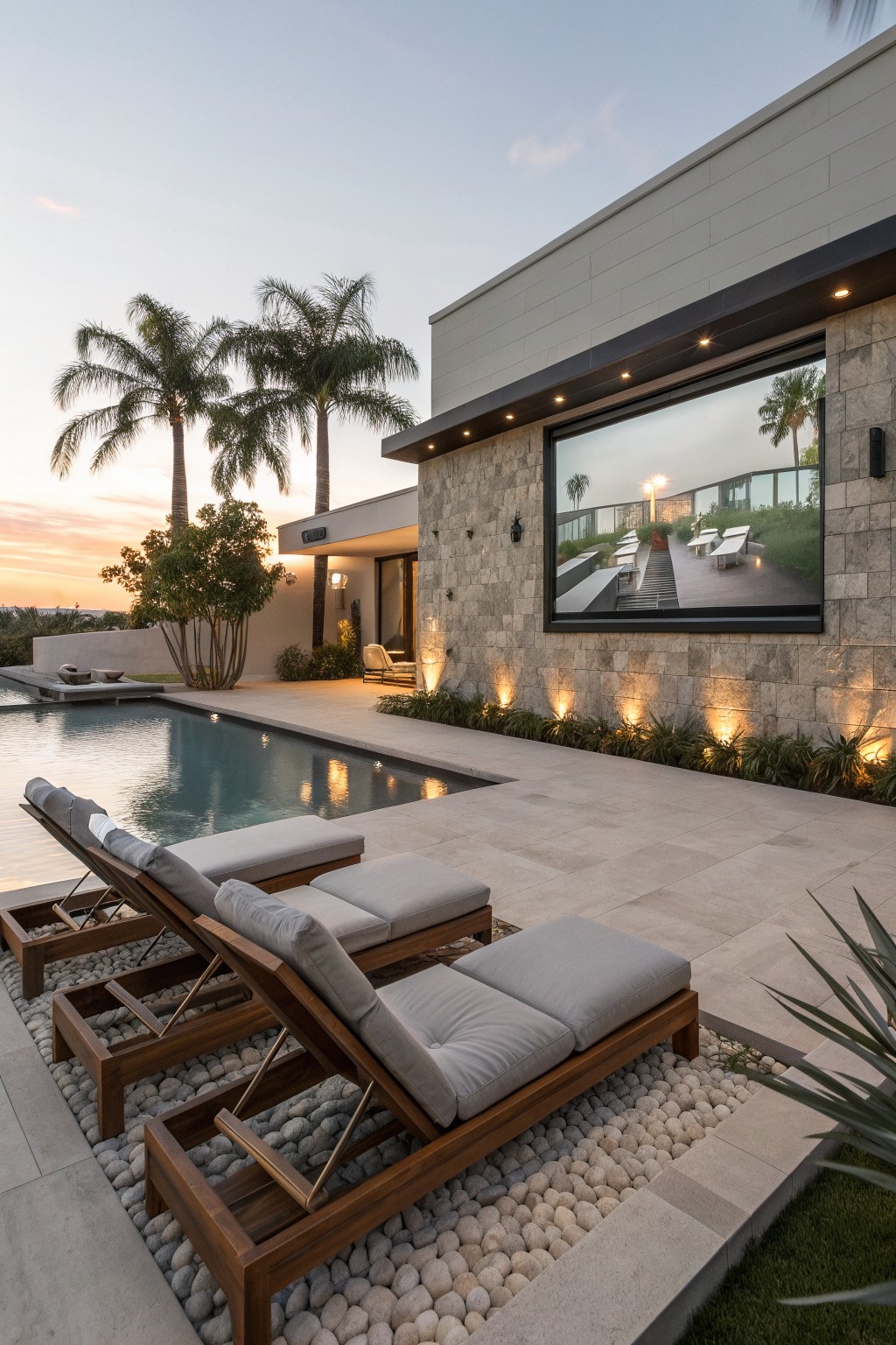 Two wooden lounge chairs with gray cushions sit on a pebble bed next to a pool, facing a large screen mounted on the stone exterior wall of a modern house.