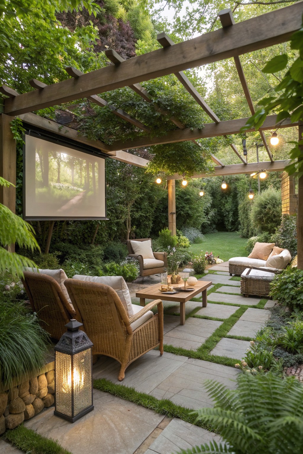 Backyard patio with wicker lounge chairs on stone pavers under a wooden pergola, facing a projector screen amid trees and greenery.