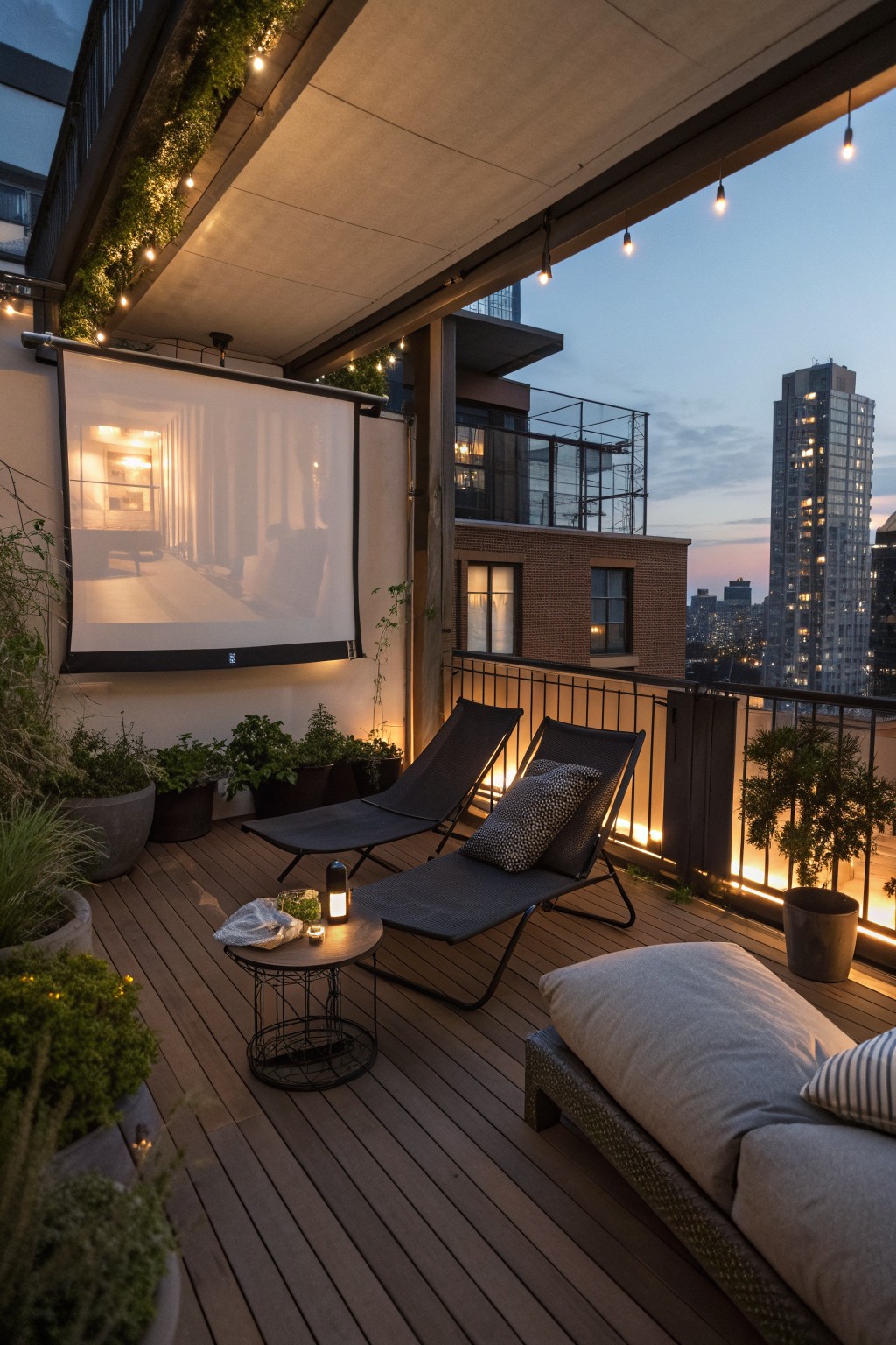 Rooftop deck at dusk with two black lounge chairs facing a large projector screen, string lights overhead, and potted plants along the railing overlooking city buildings.