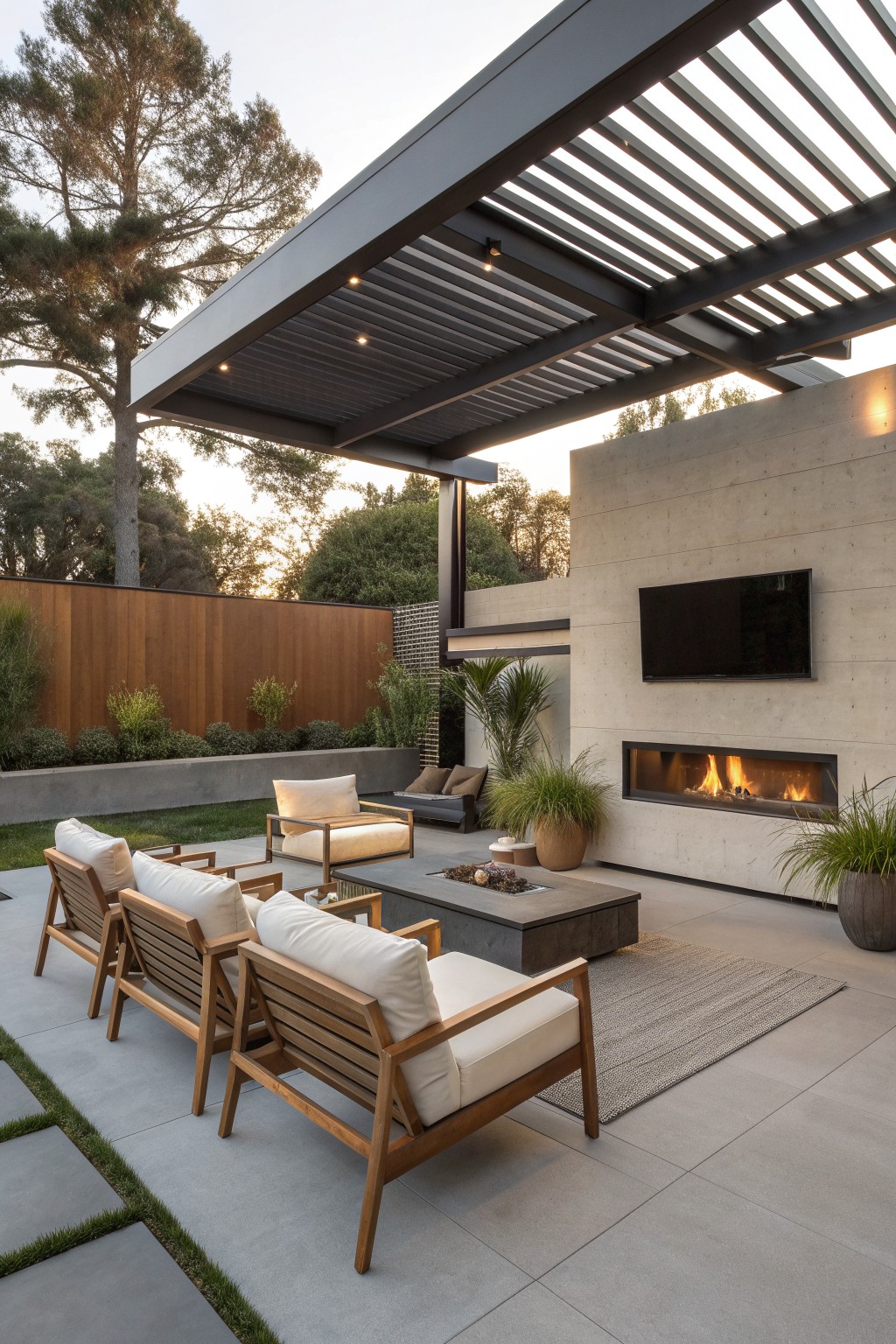 Modern patio with teak chairs, fire pit, concrete fireplace, and TV under pergola.