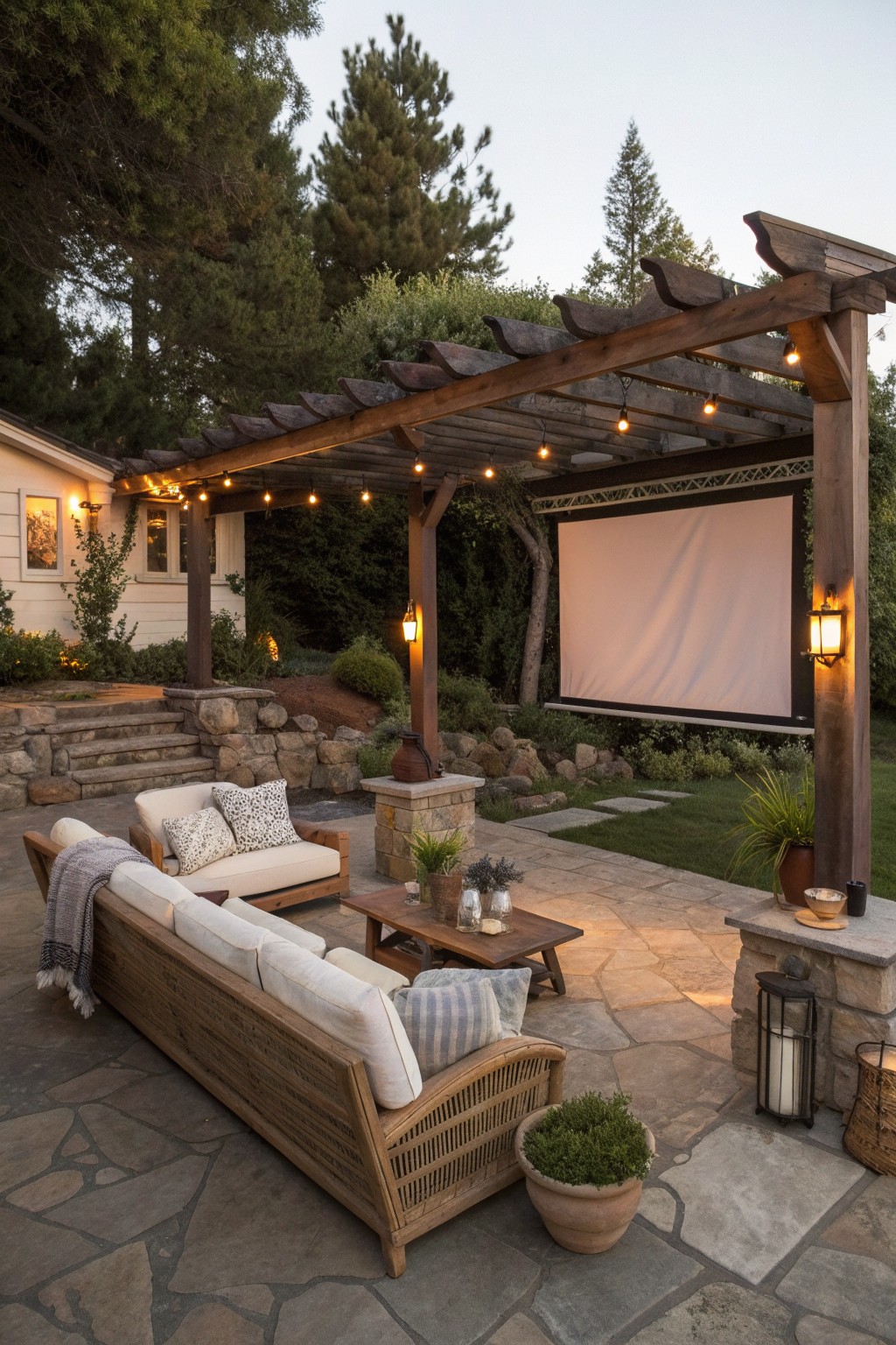 Outdoor patio with wooden pergola, large screen, sofas, and string lights at dusk.