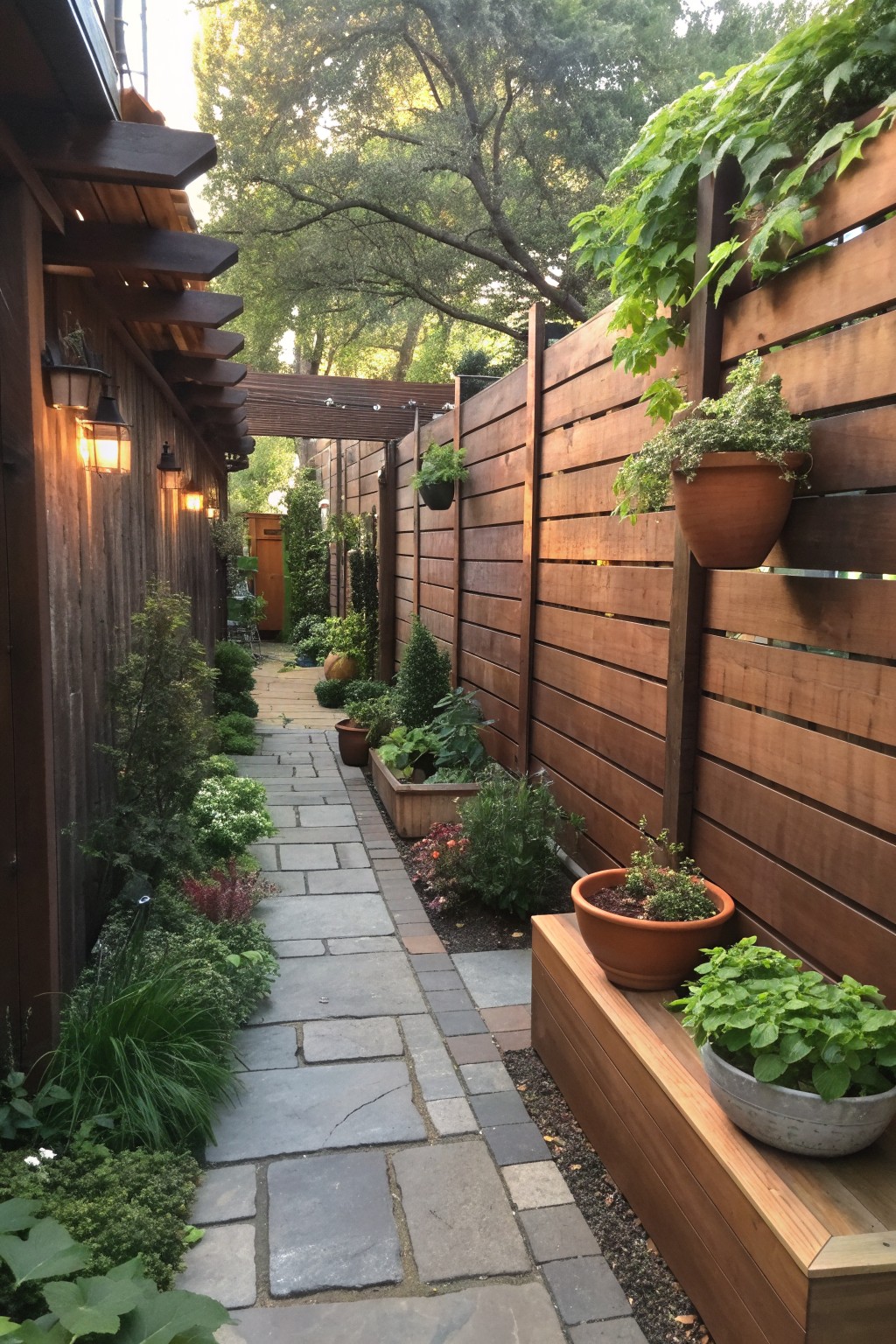 Narrow stone path lined with potted plants between wooden fences and walls.
