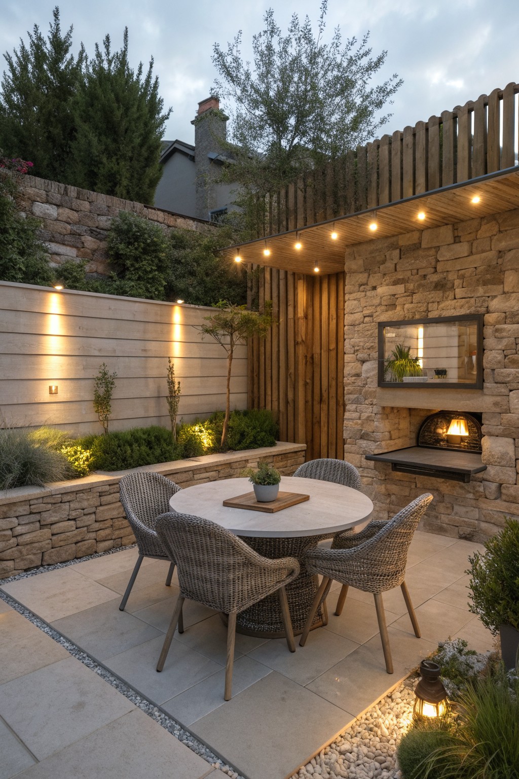 Patio with round table, four woven chairs, stone fireplace, and string lights at dusk