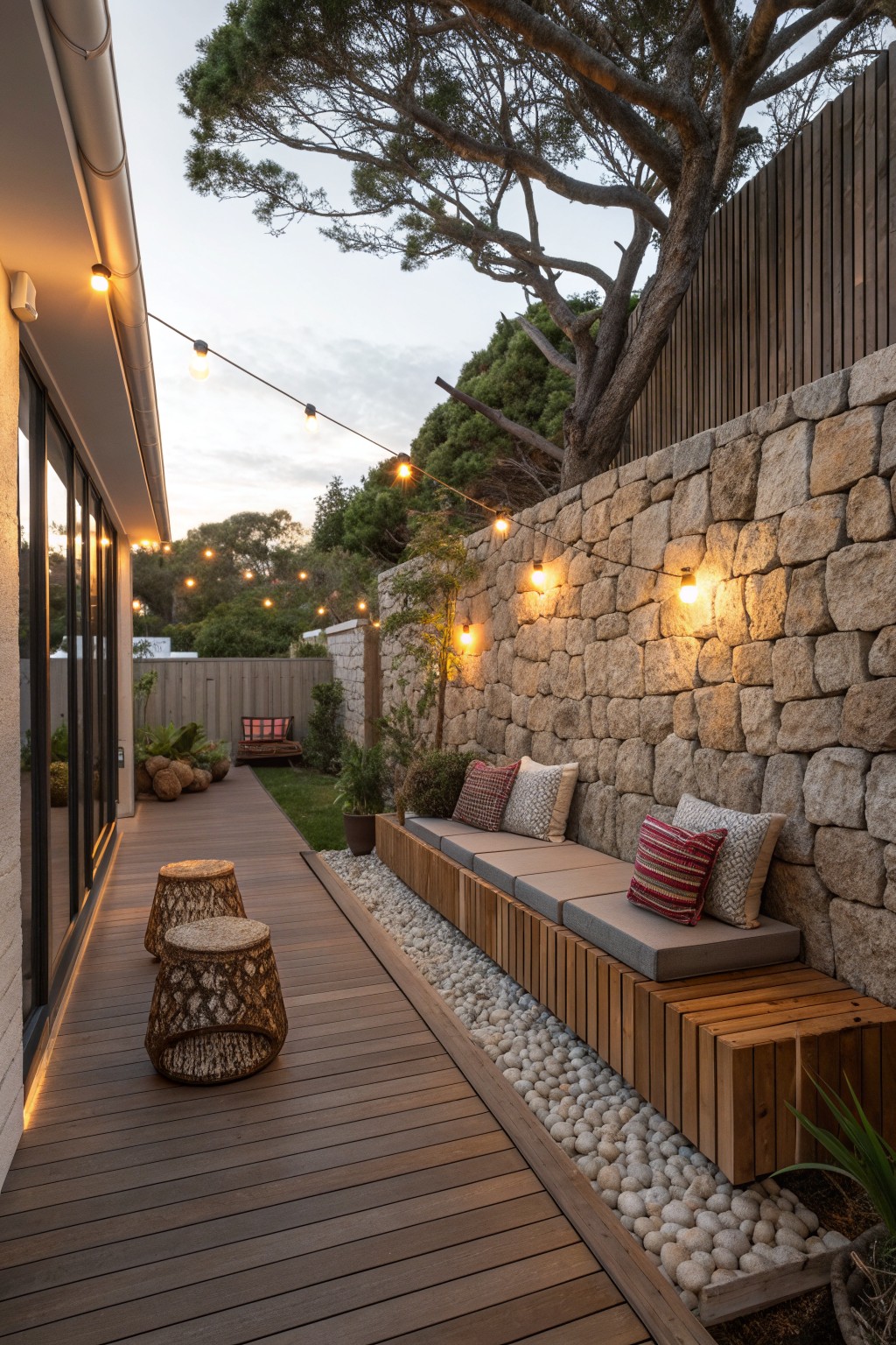 A wooden deck with built-in bench seating against a tall stone wall, topped with cushions and bordered by gravel.