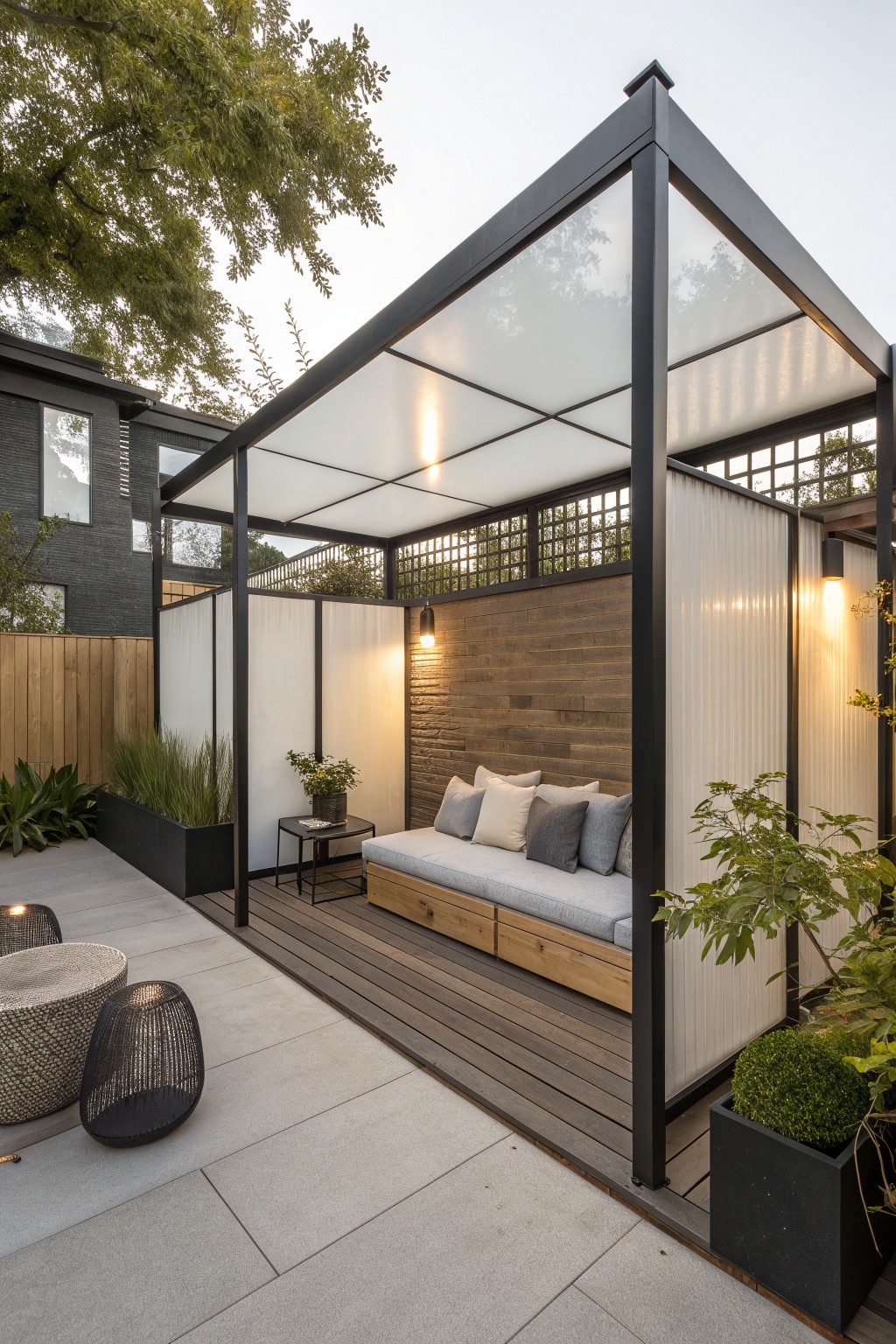 A modern outdoor seating nook with a black metal frame, translucent side panels, a wood accent wall, and a built-in bench under a flat roof.