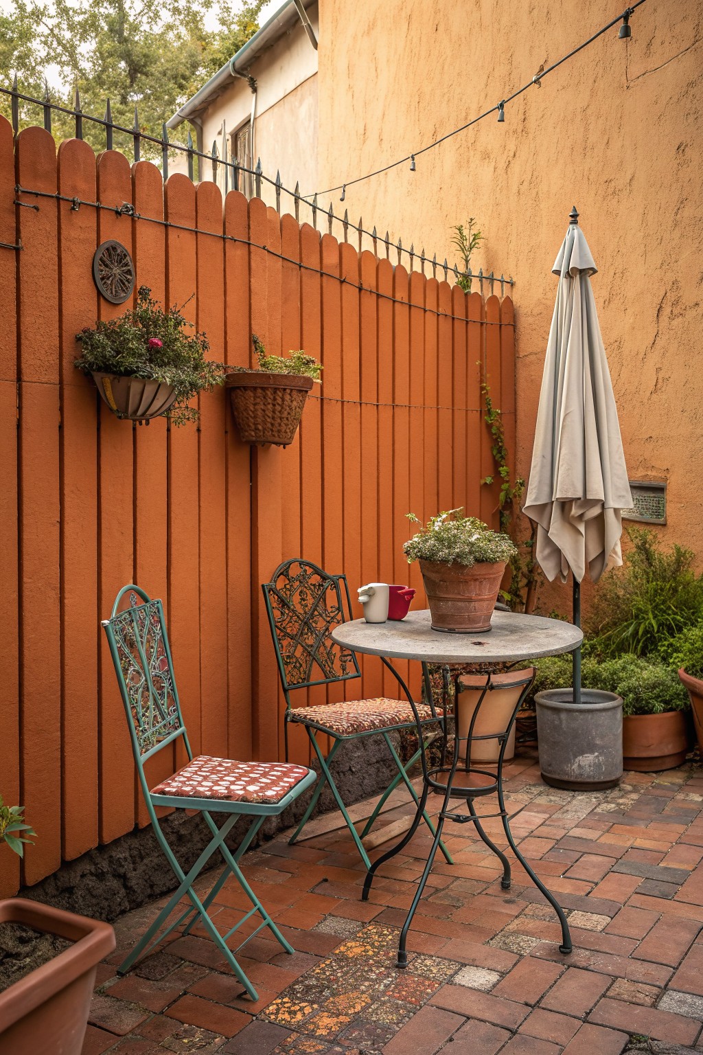 Cozy brick patio with colorful metal chairs, round table, umbrella, and potted plants by orange fence.