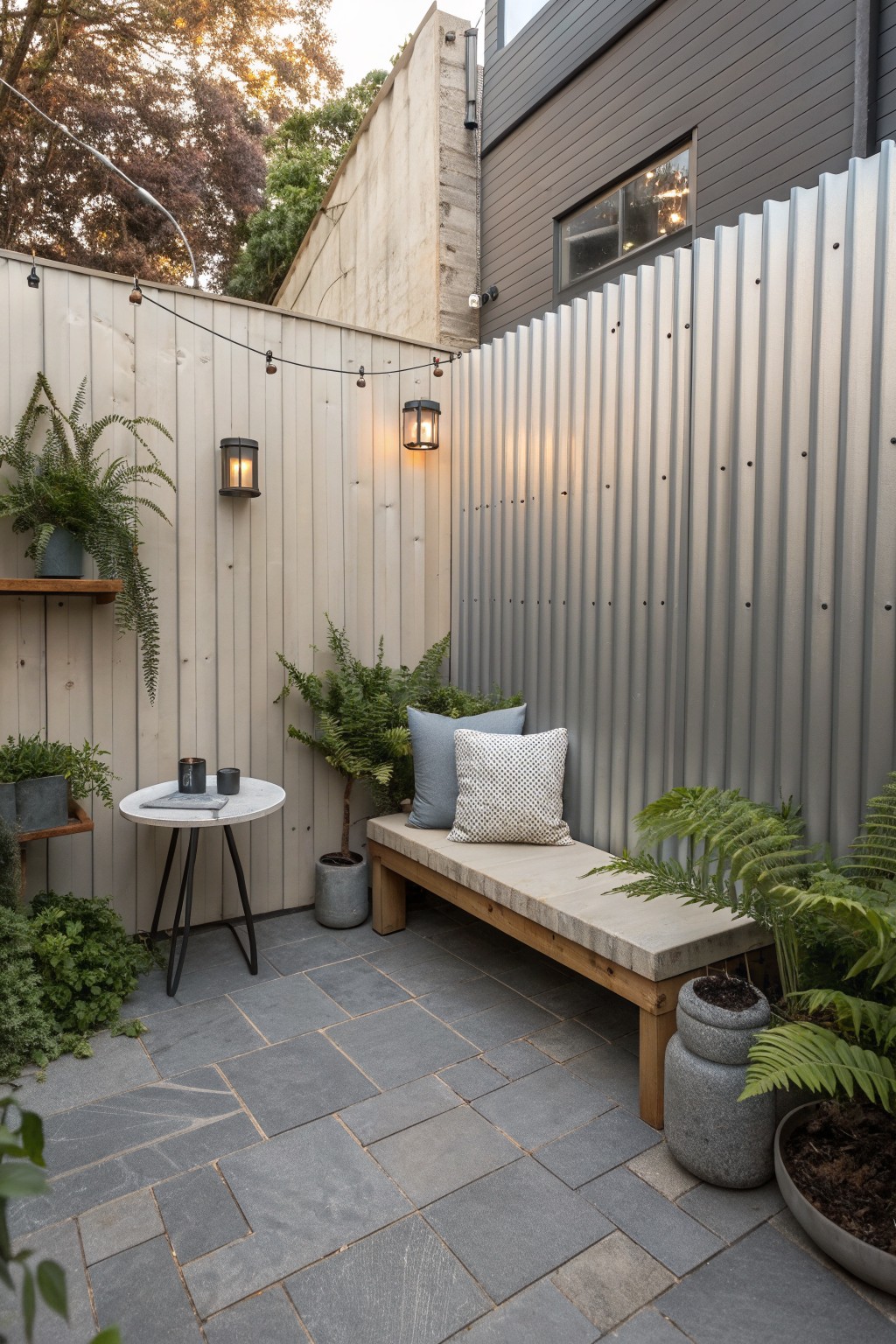 A small paved patio enclosed by a light vertical wood fence on the left and a corrugated metal fence on the right, with a low wooden bench, cushions, and potted ferns along the edges.