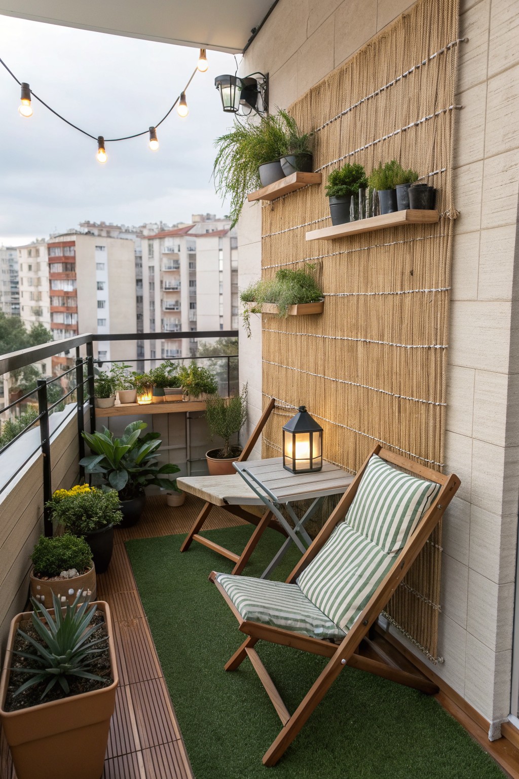 A compact balcony with two wooden deck chairs, a small table, potted plants, and a large woven reed privacy screen mounted on the wall.