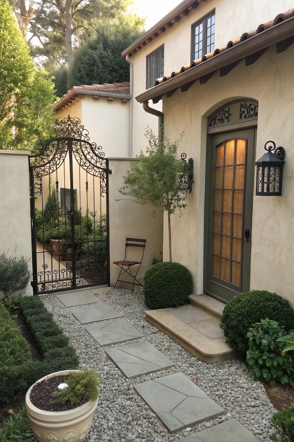 A beige stucco house with a green door beside an open ornate black metal gate that leads to a gravel path with stone pavers and shrubs.