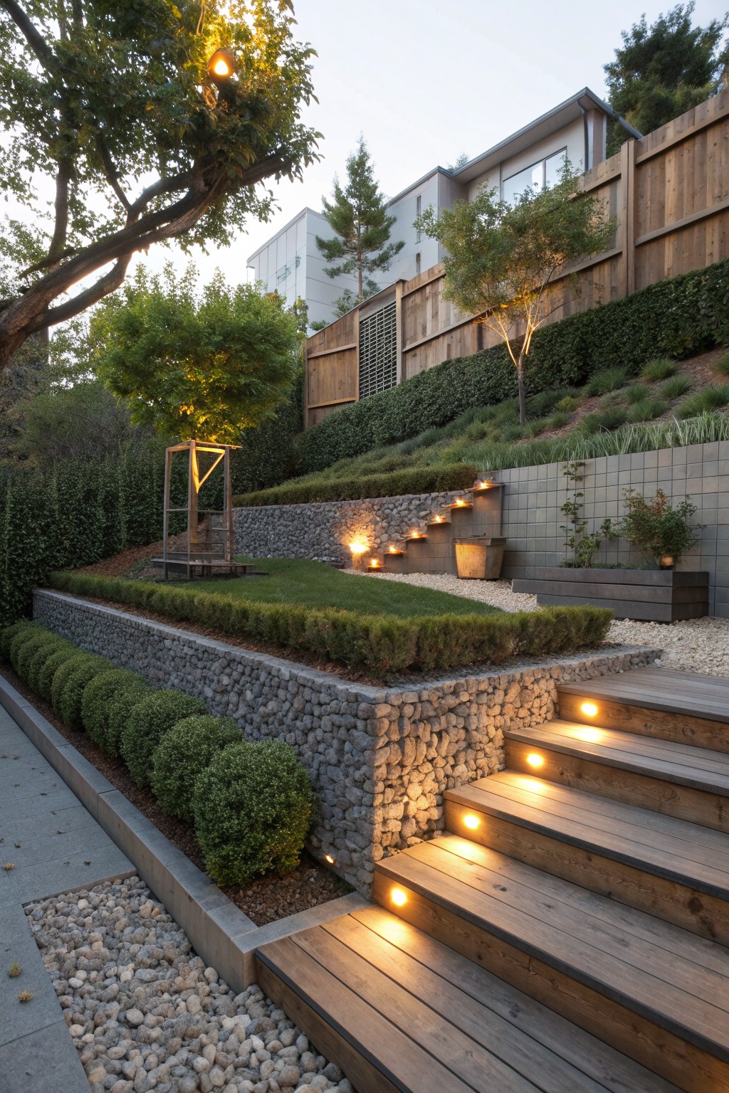 Terraced modern garden with illuminated wooden stairs, gabion walls, and lush greenery at dusk