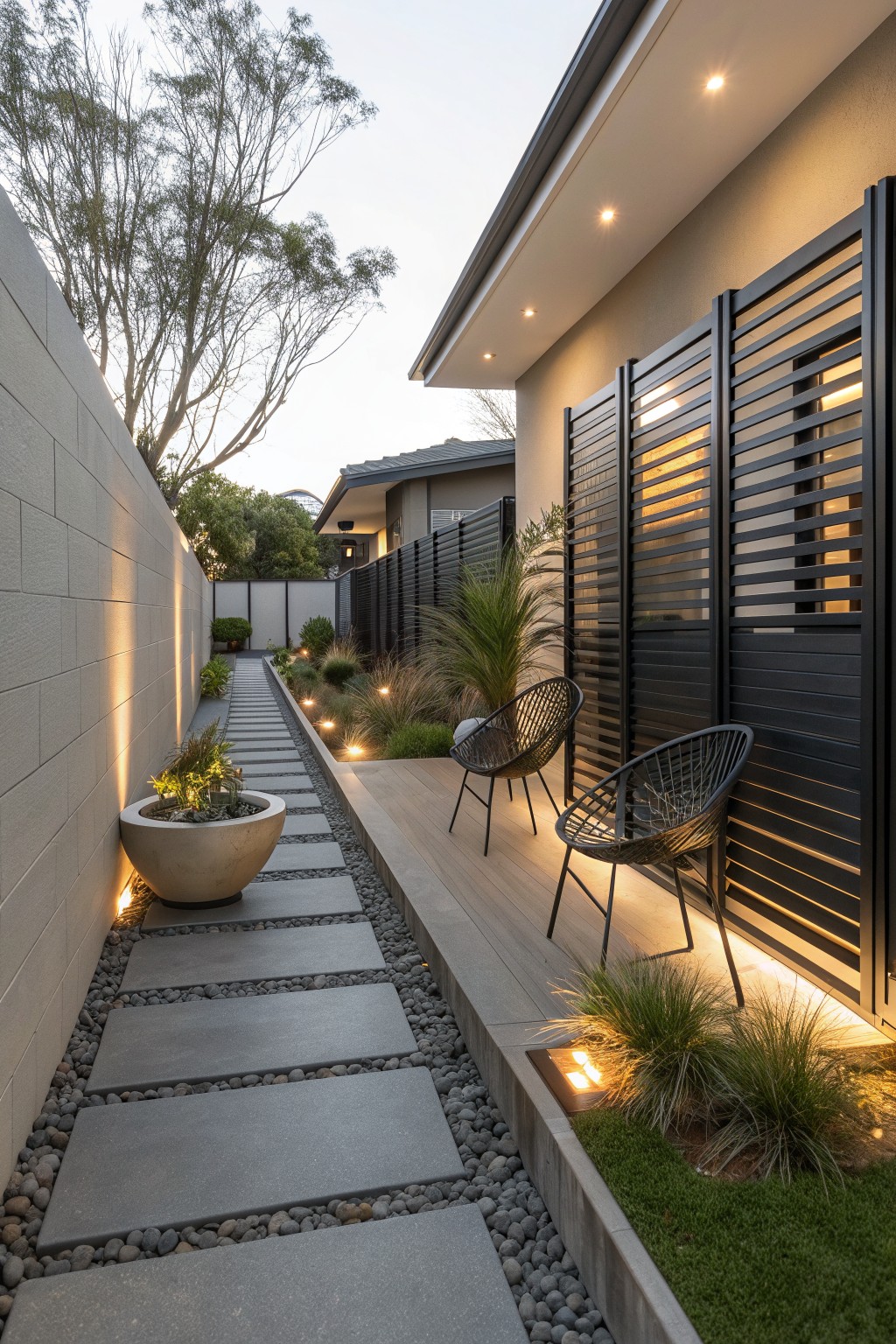 A narrow side yard with a wooden deck, two black woven chairs, a stone paver path, and tall black slatted privacy fences along the house.