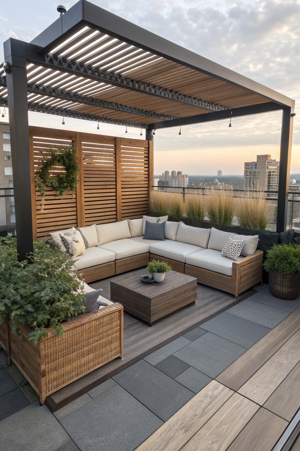 Modern rooftop patio with wooden pergola, L-shaped sectional sofa, coffee table, and city view.