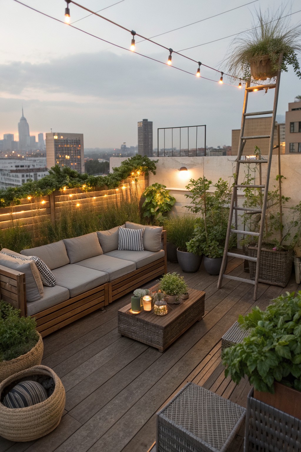 Rooftop deck with gray sofa, woven table, string lights, plants, and city skyline at dusk