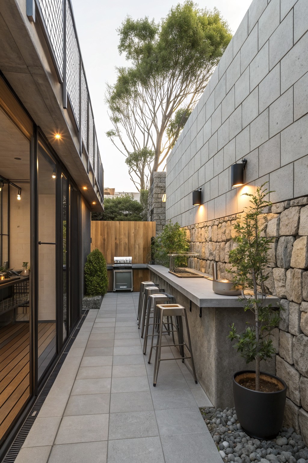 Narrow paved outdoor space with a long concrete counter, metal stools, built-in grill, and tall concrete block wall on one side.