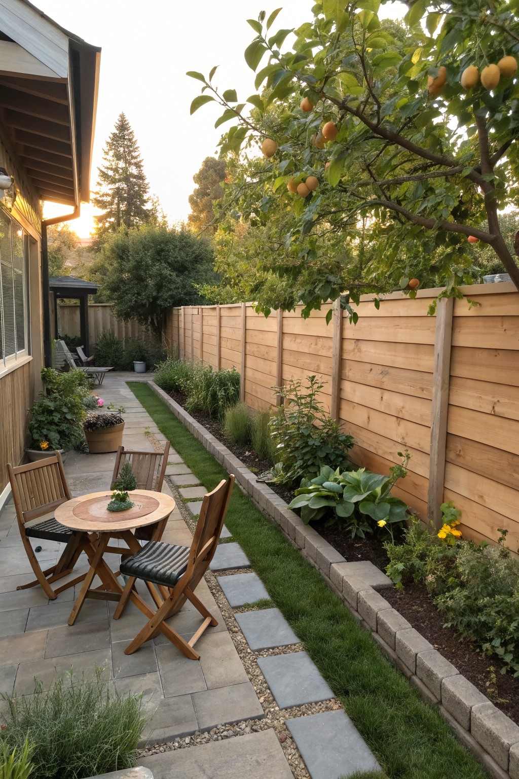 A narrow paved patio and garden path beside a house, bordered by a tall horizontal wood fence with plants and a fruit tree growing along its base.