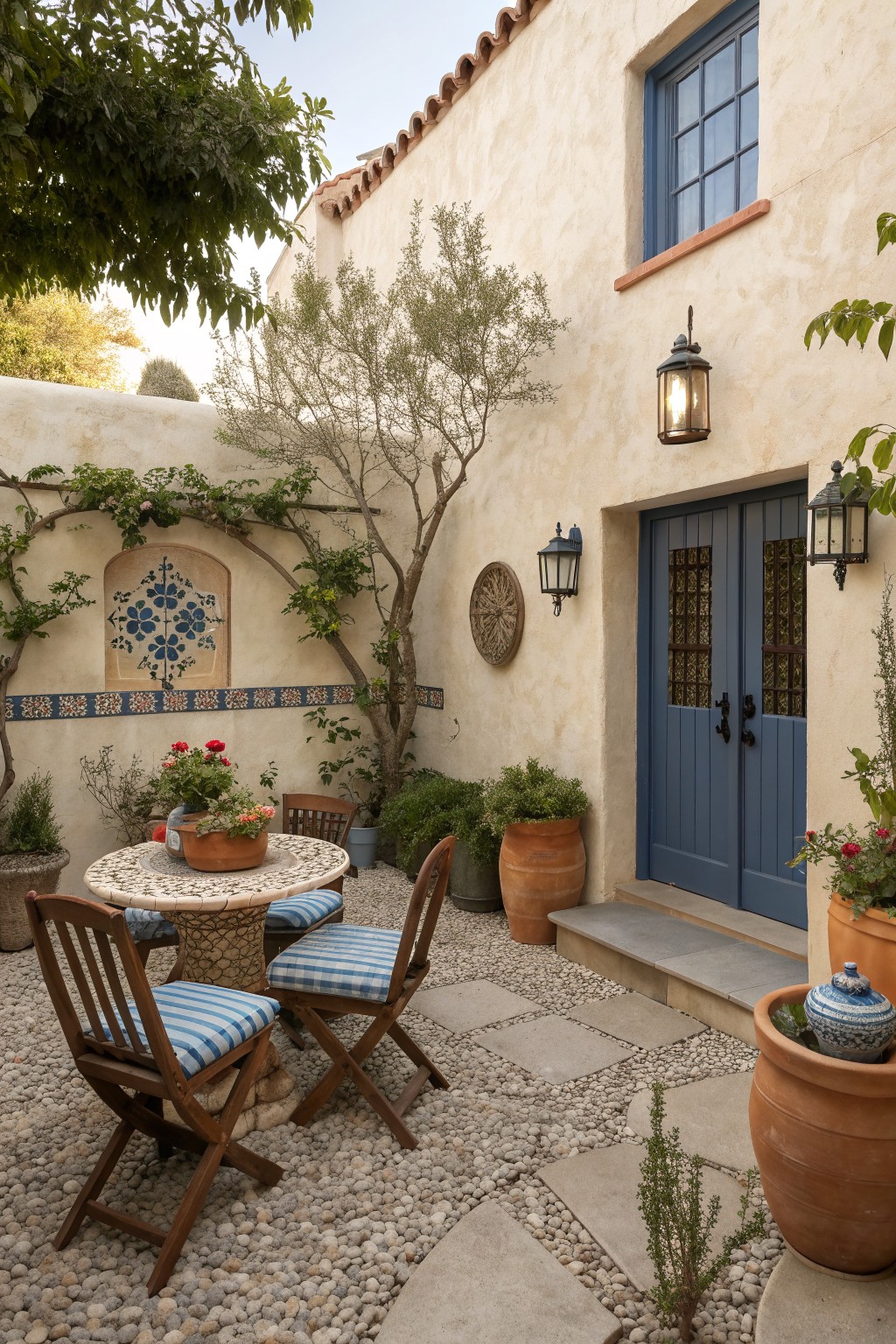 A small enclosed courtyard with a round mosaic table, wooden chairs with blue cushions, terracotta pots, gravel and paver flooring, and stucco walls with a blue door.
