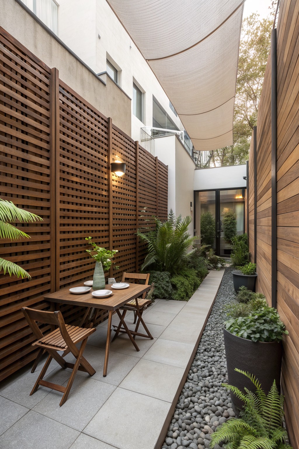 Modern courtyard with wooden table, chairs, plants, gravel path, and shade sail.