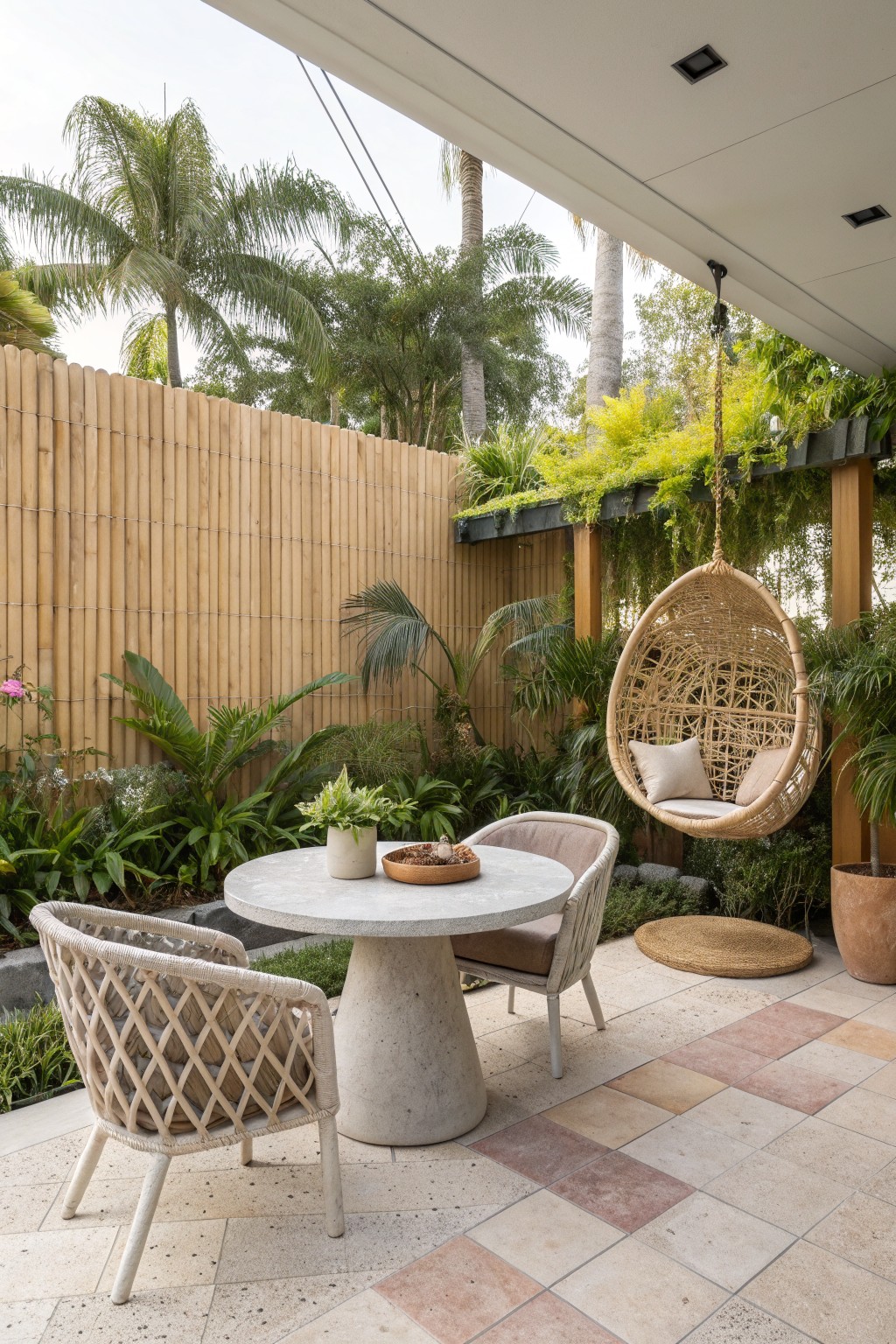 Outdoor patio area with a round concrete table, two woven chairs, a hanging wicker chair, and a tall bamboo fence lined with tropical plants.