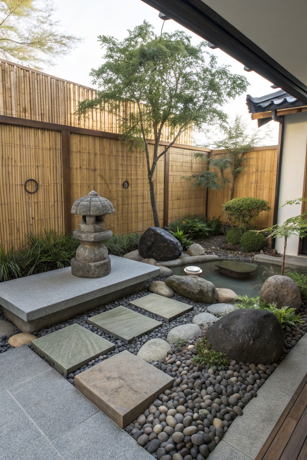 A zen-style backyard garden featuring a tall bamboo fence, stone lantern on a concrete platform, gravel ground cover, irregular stepping stones, a small pond, and scattered boulders.