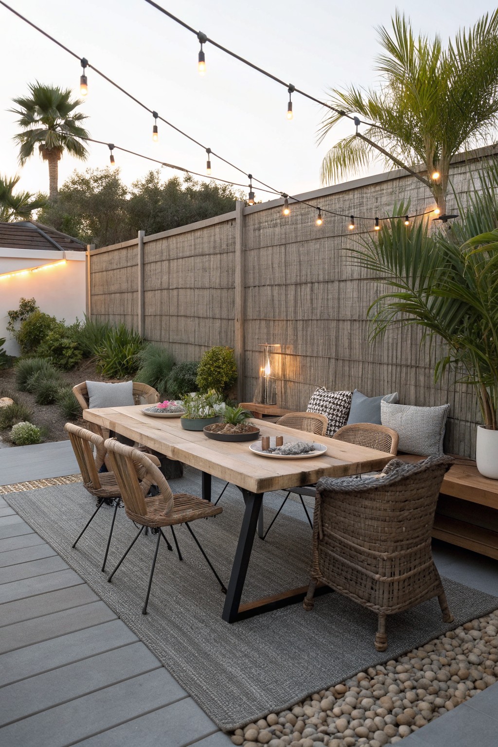 A wooden outdoor dining table with woven chairs sits on a gray rug in front of a tall woven bamboo fence, surrounded by potted plants and string lights at dusk.