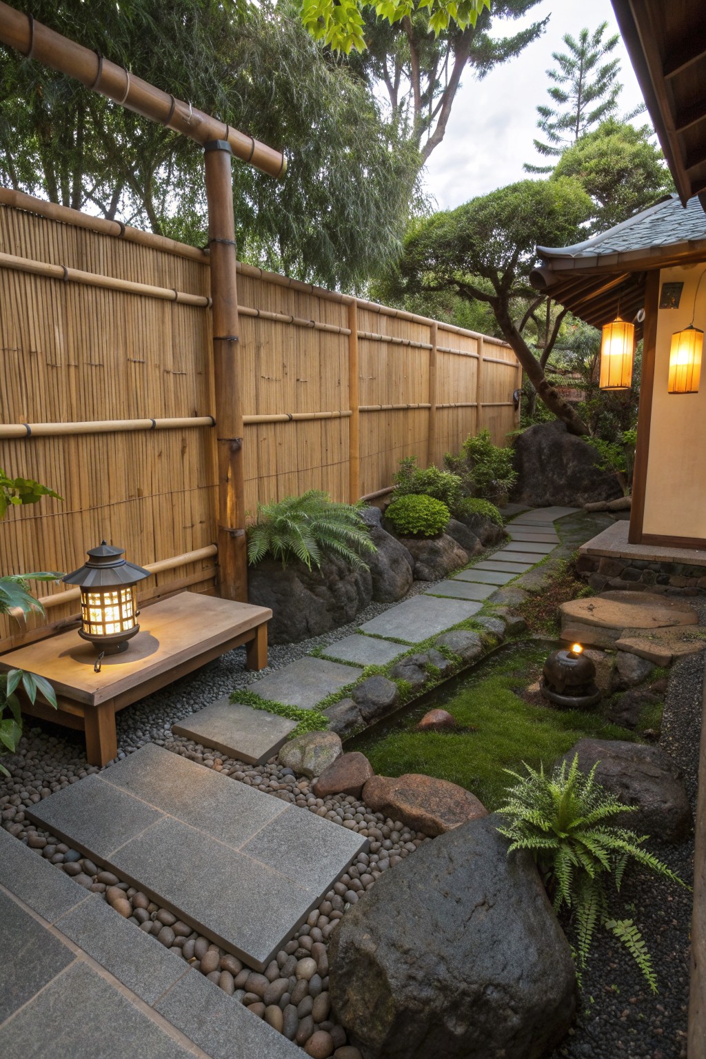 Japanese zen garden with bamboo fence, stone path, wooden bench, and lit lanterns