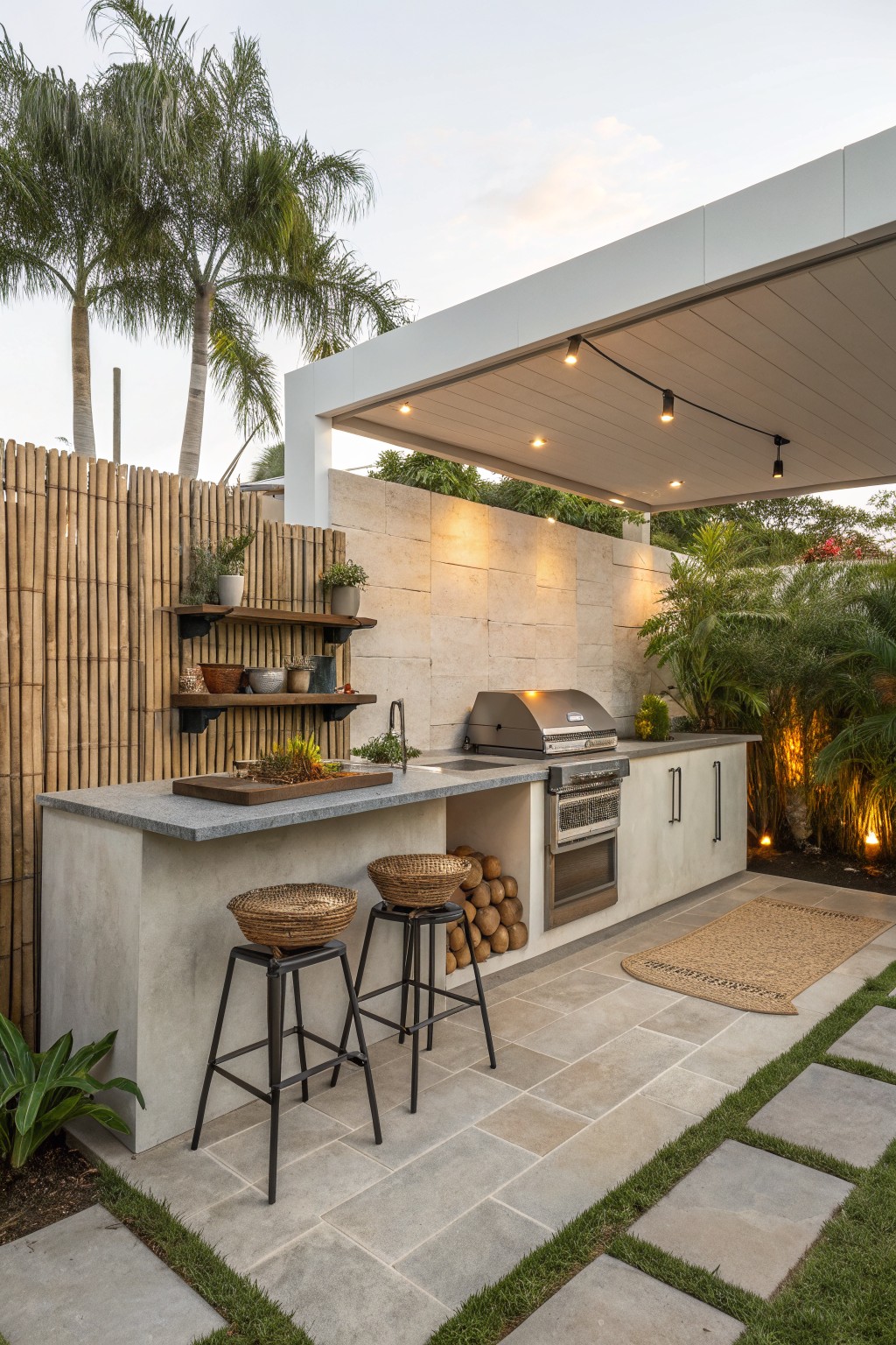 Outdoor kitchen with concrete counter, two stools, built-in grill, and bamboo fence along the back wall.