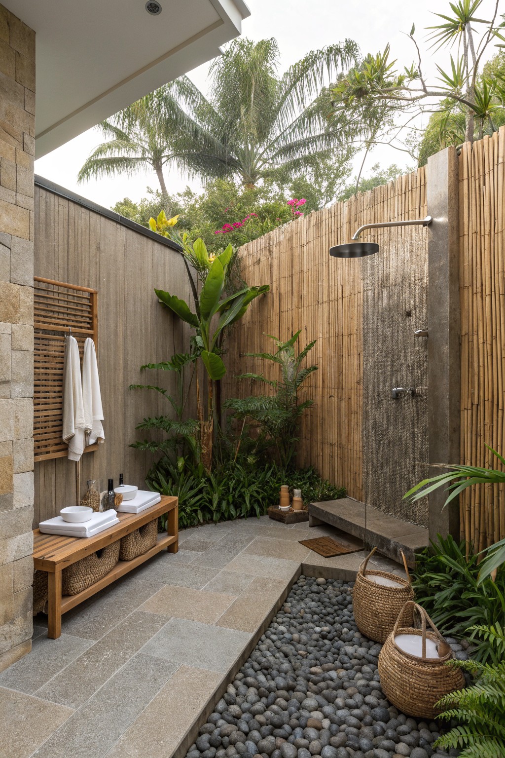 An outdoor shower space enclosed by bamboo fencing with a stone wall, pebble drainage bed, and surrounding tropical plants.