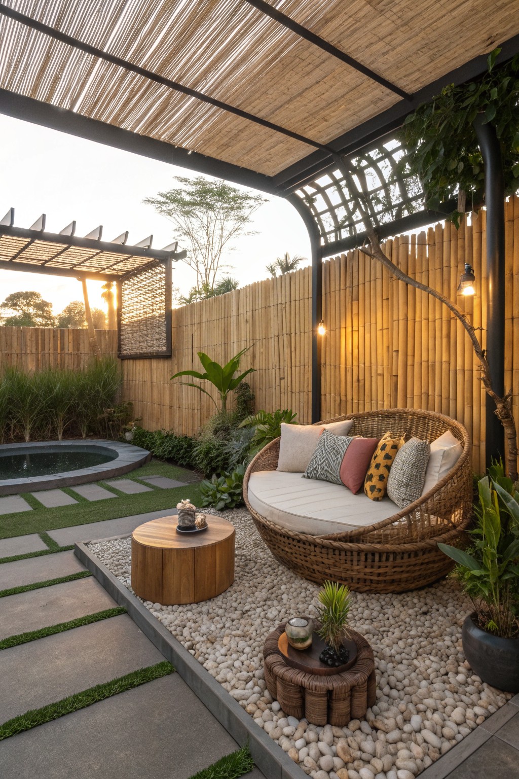 An outdoor seating area features a large round wicker daybed with cushions on a pebble surface, surrounded by a tall bamboo privacy fence, overhead bamboo structure, and tropical plants.