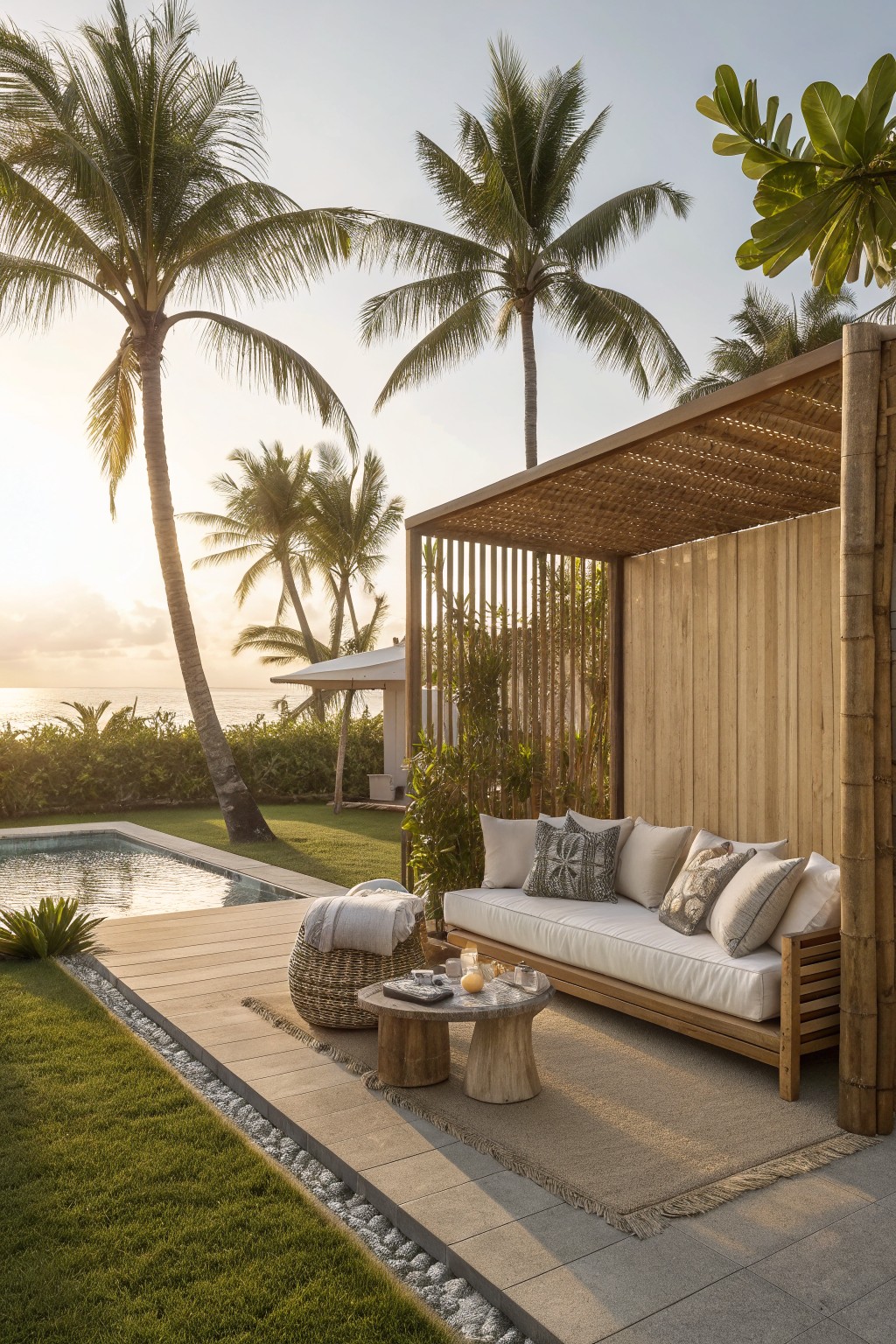 Outdoor lounge area with a daybed under a wooden pergola featuring vertical bamboo privacy slats, next to a pool and palm trees.