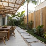 An outdoor dining area with a wooden table and woven chairs on a concrete patio, enclosed on one side by a tall bamboo fence with tropical plants nearby.
